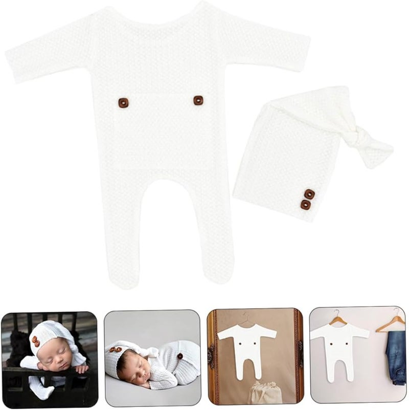 Newborn Baby Boy Knit Clothes Two Piece Set With Hat White Photography Outfit - Image 3